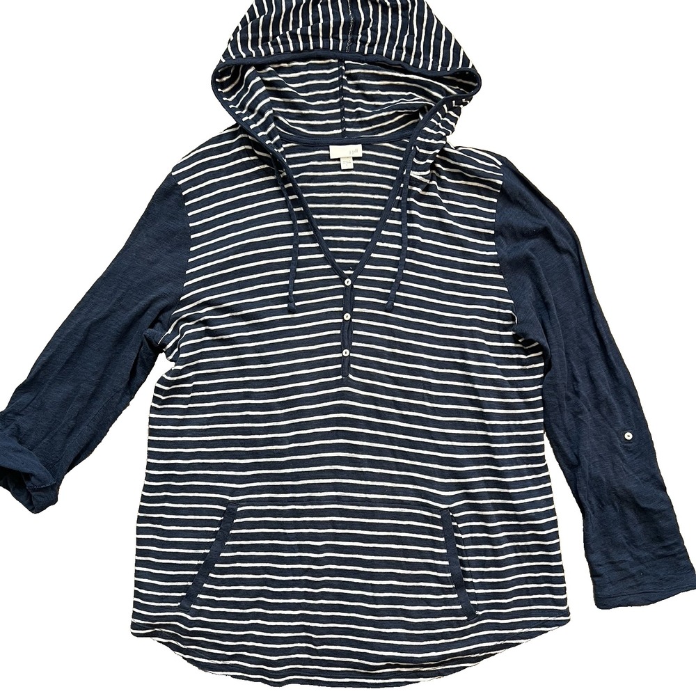 J Jill Hoodie Sweater Navy Blue Striped Linen Blend Boho Nautical Womens Size Lg
